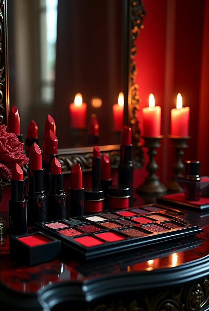 Gothic stylish brand makeup products with colors: black and dark red