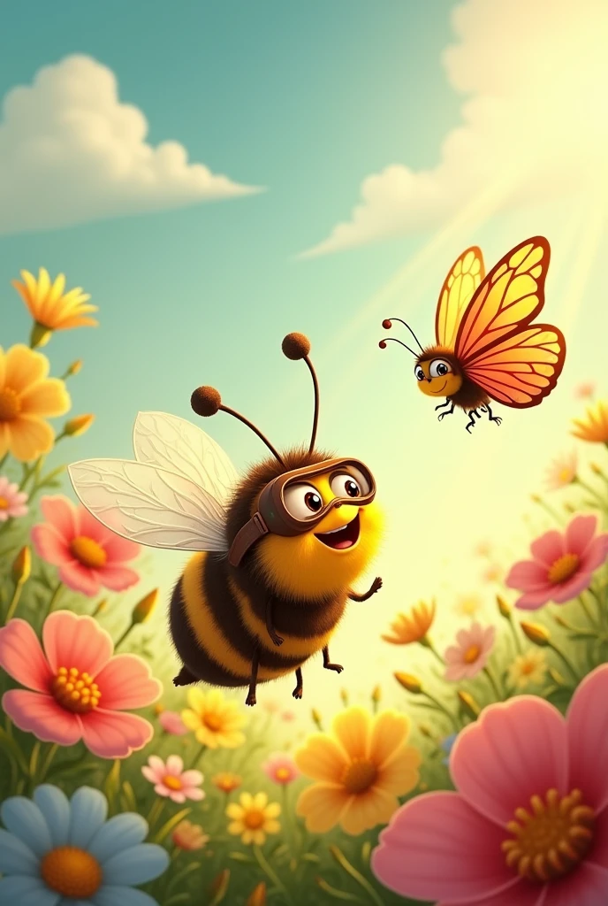 Cartoons for the story of a bee and a butterfly
