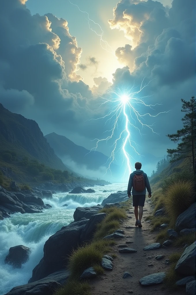 A young man walking in a direction where Jesus in a spirit form walking and guiding the young man in his direction in the wilderness mountain view and rivers flowing in a fierce firy atmosphere with a background of clouds shining with thunders naturally occurring