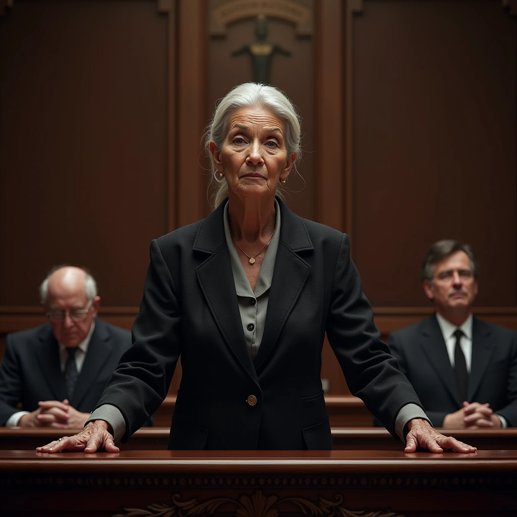"A hyper-realistic depiction of an older woman standing at the witness stand, both hands placed on the stand’s surface as she speaks with a calm, composed expression. The witness stand is the main feature, crafted with dark wood and detailed carvings, while the background includes the judge and jury, slightly blurred."