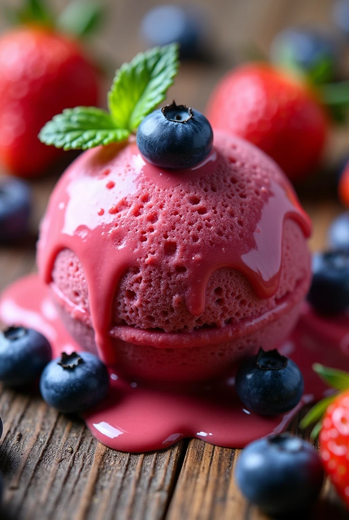 generates a circular-shaped natural fruit ice cream ball, Strawberry and blueberry flavor, that is of two colors red and blue mix them a little
