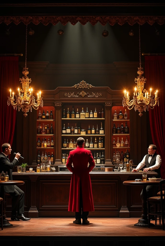 On a large theater stage, the scenography of a large rustic bar with antique details in red and black tones, the counter located in the middle, a mysterious man wearing a red overcoat behind the counter rubbing a glass with a cloth, a large sideboard behind the very old 18th century man. 3 imperial chandeliers, in the center on the left and right. two tables, left and right with 3 people on each. A stage with a singer on the left.