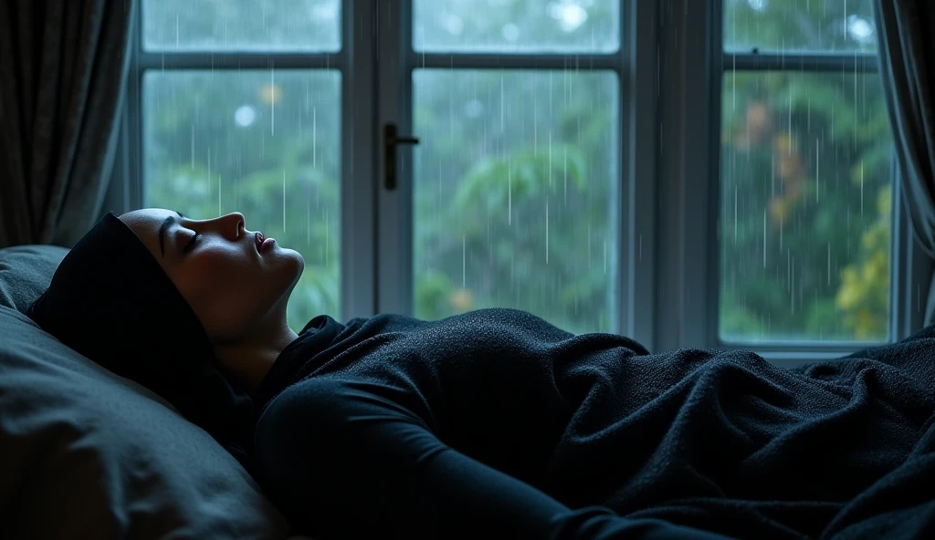 Rain sleep Muslim woman black veil glass window sleeping in a room with lightning rain