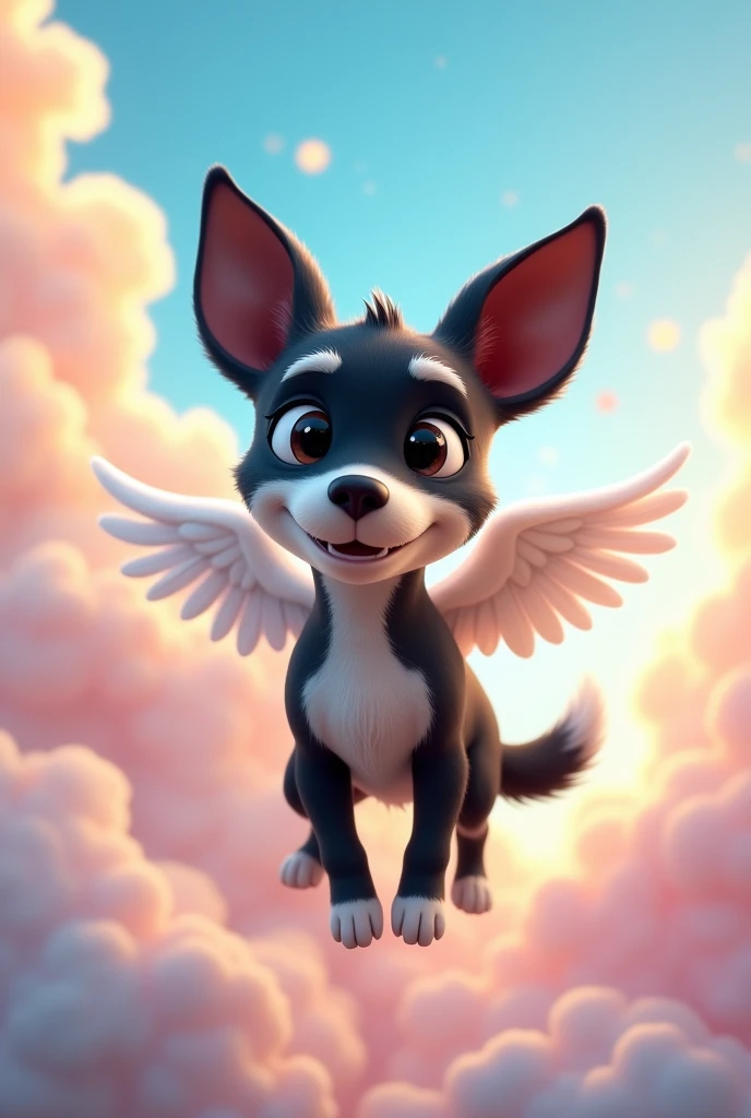 stray dog character, no race, eyes black, grown-up, black ears, white snout, hindlegs, black tail and back, around the neck chest and front legs all white, black ears, long snout, long muzzle, cachorro grande grown-up, Scrawny, comprido, hairless, white front legs, with white angel wings, flying with sky and clouds background, animation character, stylized character, animation style rendering, 3d stylized, Arnold Maya rendering, Stylized 3D rendering, toon render screenshot, 3d character, 3d character, Stylized 3D rendering, 3D character rendering, cartoon character, Personagem de close up, character posing, (Pixar-style) (master part:1.2) (bokeh) (best quality) (skin detailed) (detailed texture) (8k) (Argilla) (cinematic lighting) (sharp focus
