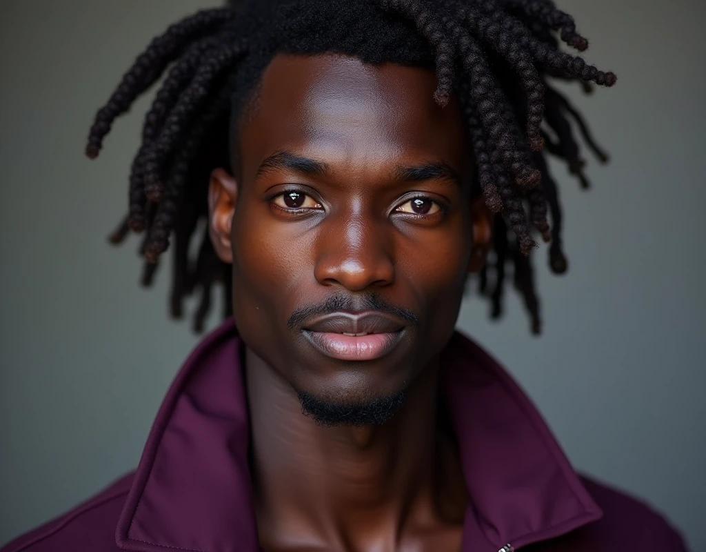 headshot of a very tall French-Nubian featured male model, wavy hair parted to the side hair, toned body, ebony skin, vibrant purple eyes, tall thin toned body. Kind expression. Wearing brown and purple clothes.