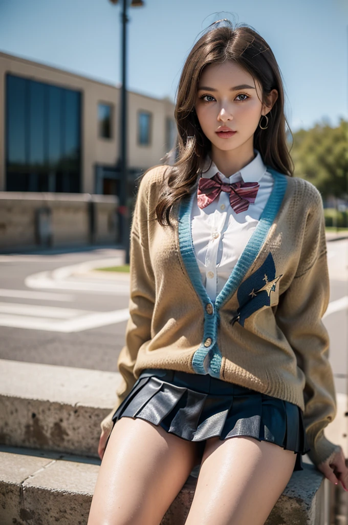 (Highest quality, masterpiece:1.4), (realism:1.2), (Realistic:1.2), (Absurd:1.2), (Realistic:1.3), One person,Realistic Skin,alone,( Very big eyes,Beautiful attention to detail, Symmetrical eyes), ((Cowboy Shot)), bow tie,((Brown cardigan)),Pleated skirt,(((Micro Mini Skirt))), Micro Mini Skirt, sunlight,Long Hair,Blonde, blue eyes, Black knee socks, Outdoor, Sitting,loafers