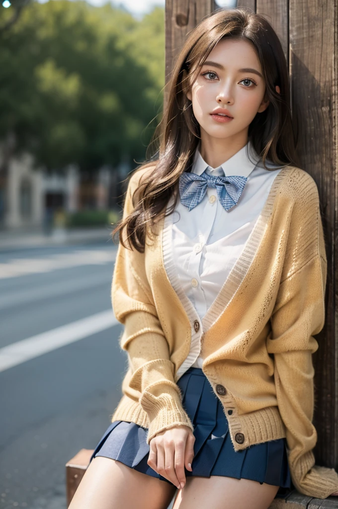 (Highest quality, masterpiece:1.4), (realism:1.2), (Realistic:1.2), (Absurd:1.2), (Realistic:1.3), One person,Realistic Skin,alone,( Very big eyes,Beautiful attention to detail, Symmetrical eyes), ((Cowboy Shot)), bow tie,((Brown cardigan)),Pleated skirt,(((Micro Mini Skirt))), Micro Mini Skirt, sunlight,Long Hair,Blonde, blue eyes, Black knee socks, Outdoor, Sitting,loafers