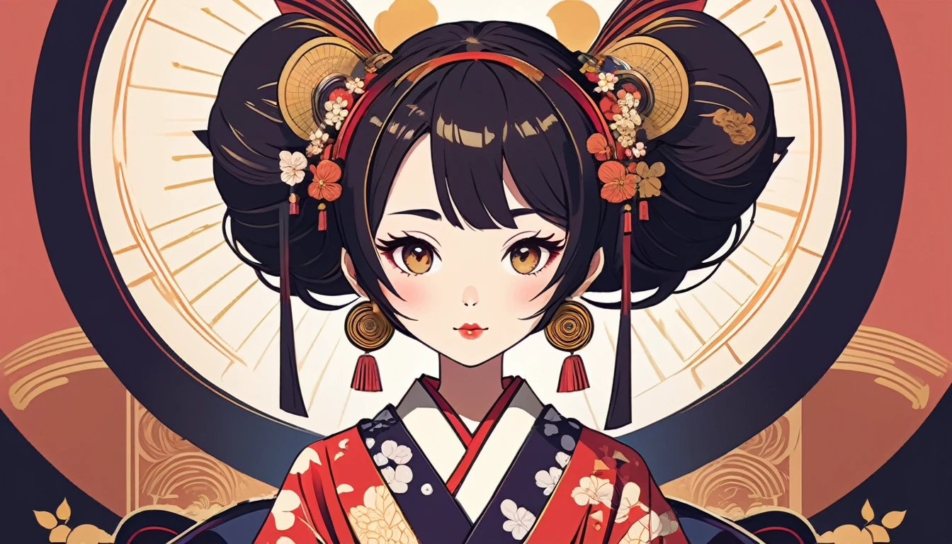 Oiran with Japanese style headphones、fan、Wide-angle lens, Lofi Anime, Lofi illustration, Aesthetic atmosphere, Lo-Fi Style, Vector art, Flat Design, Simple shape, Warm tones, Pleasant atmosphere, Chill, In anime style, Digital drawing, Vector art, Vector logo for t-shirt printing, (Adorable:1.5), (small:1.4), (Playful:1.2), (soft:1.3), (Whimsical:1.1), masterpiece, Highest quality, 8k, Intricate details, grow, Celestial, Mysterious, Picturesque, amazing, Majestic, Magic, Fantasy art, Cover art, dream-like