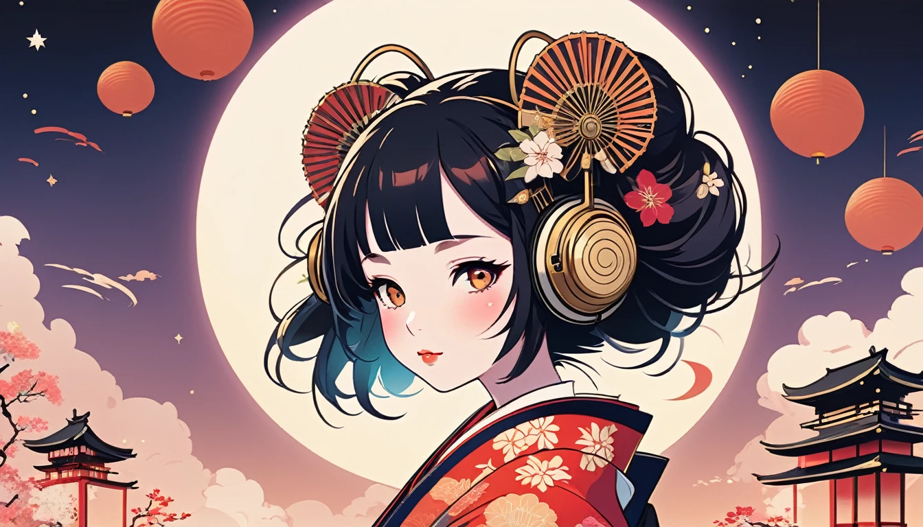 Oiran with Japanese style headphones、fan、Wide-angle lens, Lofi Anime, Lofi illustration, Aesthetic atmosphere, Lo-Fi Style, Vector art, Flat Design, Simple shape, Warm tones, Pleasant atmosphere, Chill, In anime style, Digital drawing, Vector art, Vector logo for t-shirt printing, (Adorable:1.5), (small:1.4), (Playful:1.2), (soft:1.3), (Whimsical:1.1), masterpiece, Highest quality, 8k, Intricate details, grow, Celestial, Mysterious, Picturesque, amazing, Majestic, Magic, Fantasy art, Cover art, dream-like