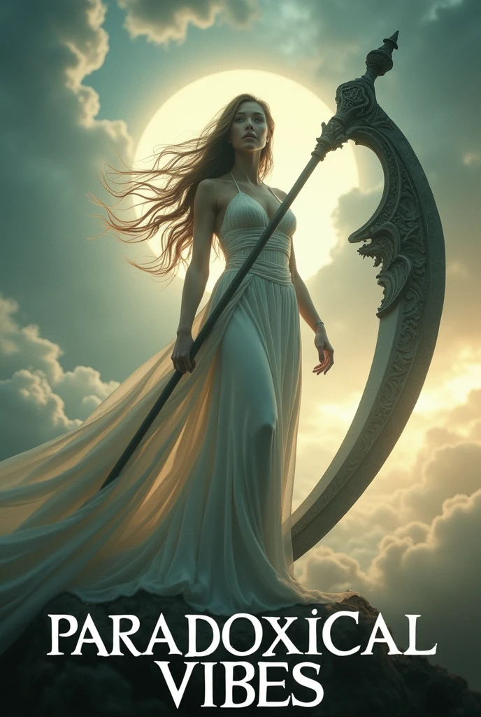 The words "paradoxicalvibes" written in large letters at the bottom of the screen, ((masterpiece, highest quality, Highest image quality, High resolution, photorealistic, Raw photo, 8K)), ((Extremely detailed CG unified 8k wallpaper)), (huge stunning goddess shot, very hot and sexy, jaw-dropping beauty, perfect proportions, beautiful body, slim body beauty:1.4), A girl wielding a huge scythe, movie poster, (a huge scythe:1.5),
