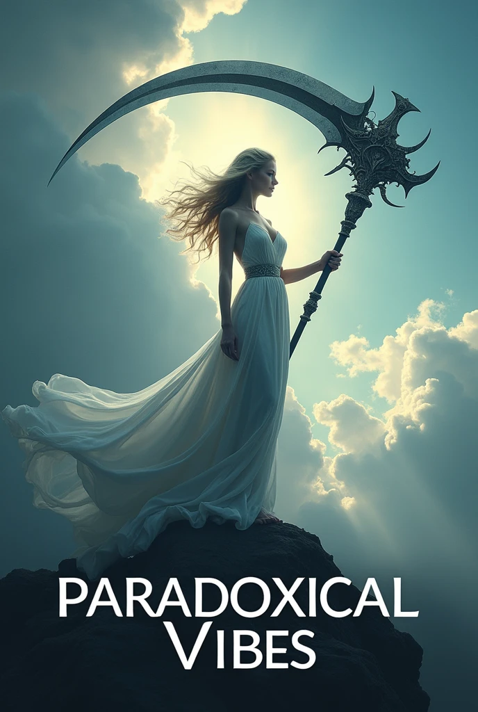 The words "paradoxicalvibes" written in large letters at the bottom of the screen, ((masterpiece, highest quality, Highest image quality, High resolution, photorealistic, Raw photo, 8K)), ((Extremely detailed CG unified 8k wallpaper)), (huge stunning goddess shot, very hot and sexy, jaw-dropping beauty, perfect proportions, beautiful body, slim body beauty:1.4), A girl wielding a huge scythe, movie poster, (a huge scythe:1.5),