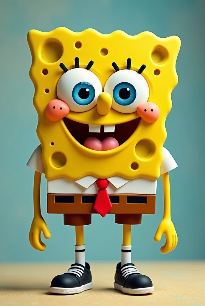 Yellow sponge with blue eyes, long eyelashes, square-shaped pants, thin legs and arms, black sneakers, red tie, big teeth, a stick-shaped nose, freckles on the cheeks and thin fingers 