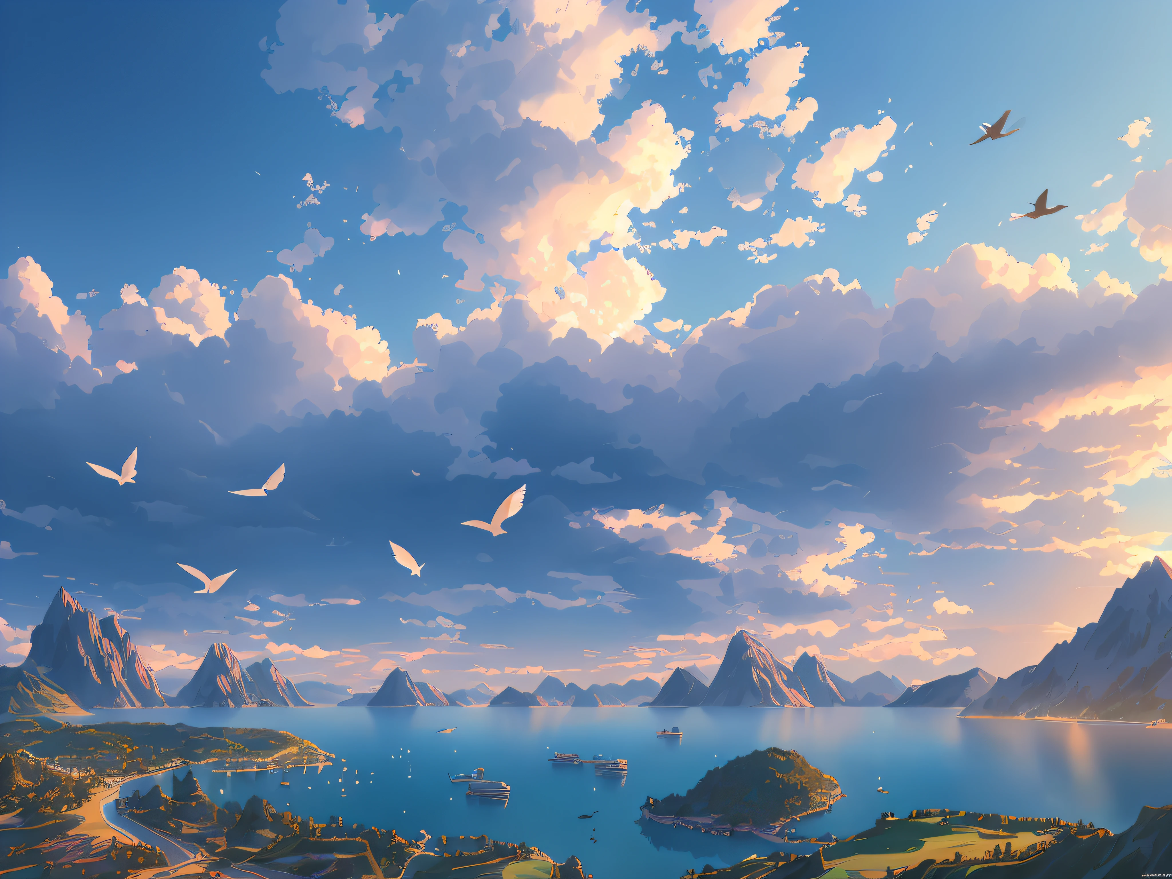 There are many birds flying over a lake and mountains, detailed landscape: width 672, animated landscape wallpaper, Ross Tran. scenic background, beautiful animated landscape, wlop y RHADS, animated landscape, Highly detailed 4k digital art, animated landscape, anime beautiful peace scene, Beautiful UHD 4K art, beautiful anime scene, illustration matte painting