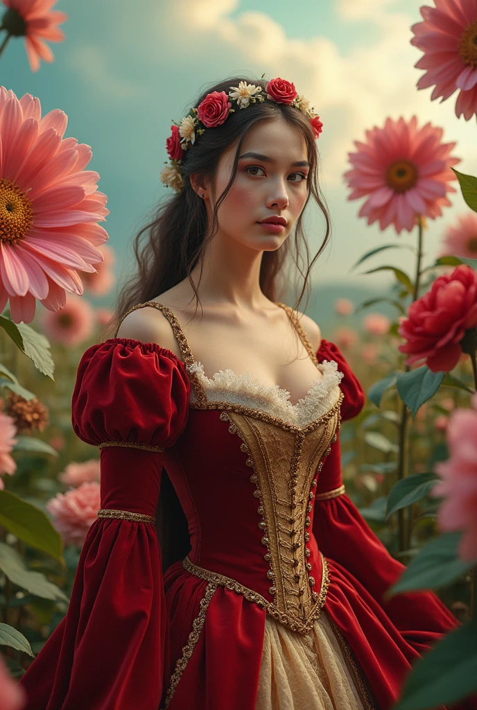 I want you to create a sketch of a medieval dress with the theme of Alice in Wonderland two being inspired by the Queen of Hearts that is simple, velvet with a gold corset with details and whites