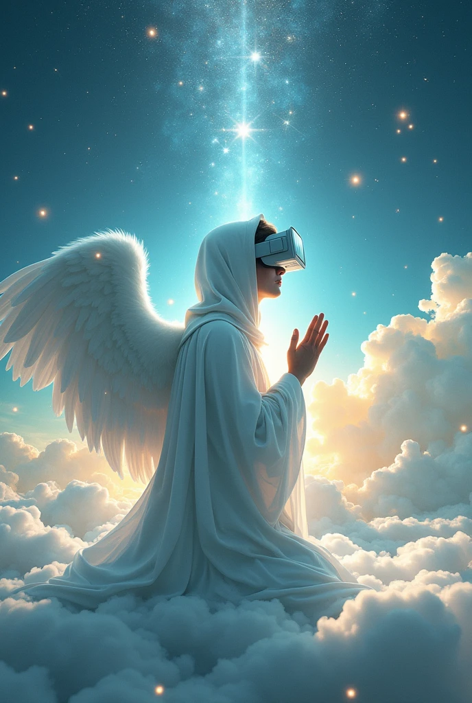Guardian angel man prays in virtual reality glasses, in a hood