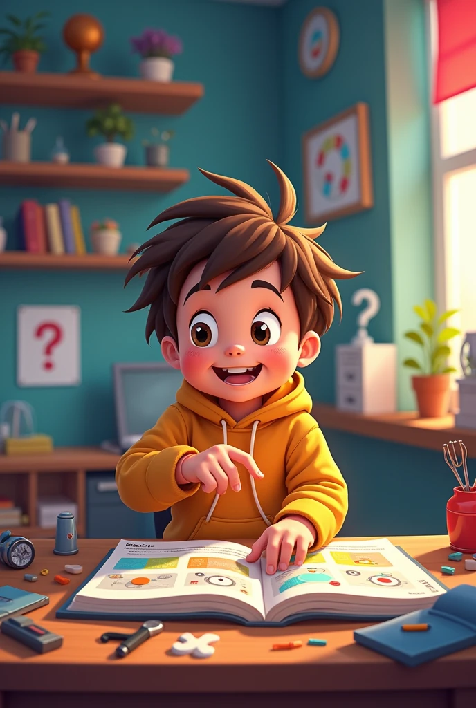 Cartoon of a child pointing with his finger at an instruction or prompt for a technical manual