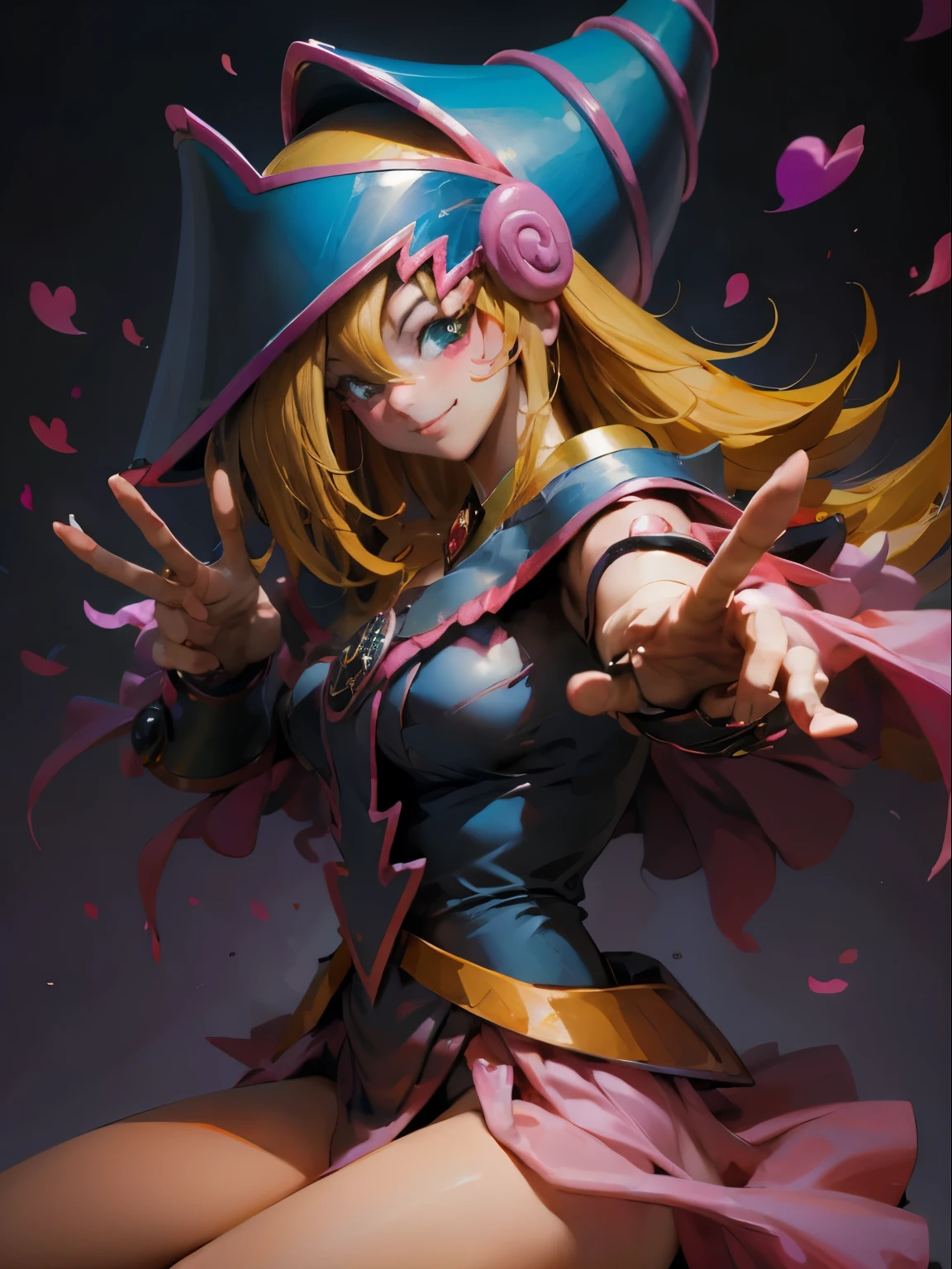 dark magician gils. Making the peace and love sign with his fingers, smile . Magic of hearts in the air. Sensual and seductive pose. Mystical magic background 