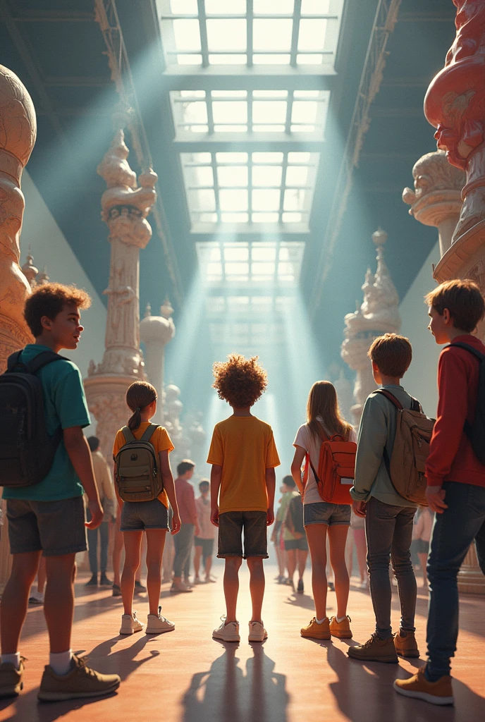 A subrealistic image of a ager with brown hair who is in the museum with 7 young people