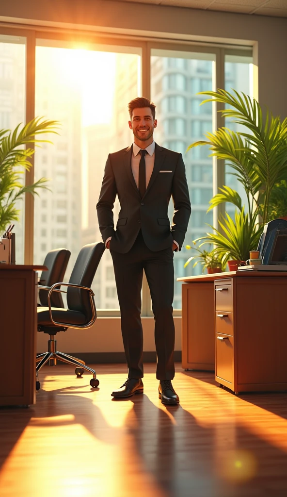 a succesful handsome businessman at work, pixar style, cinematic,masterpiece, high-aesthetic, realistic