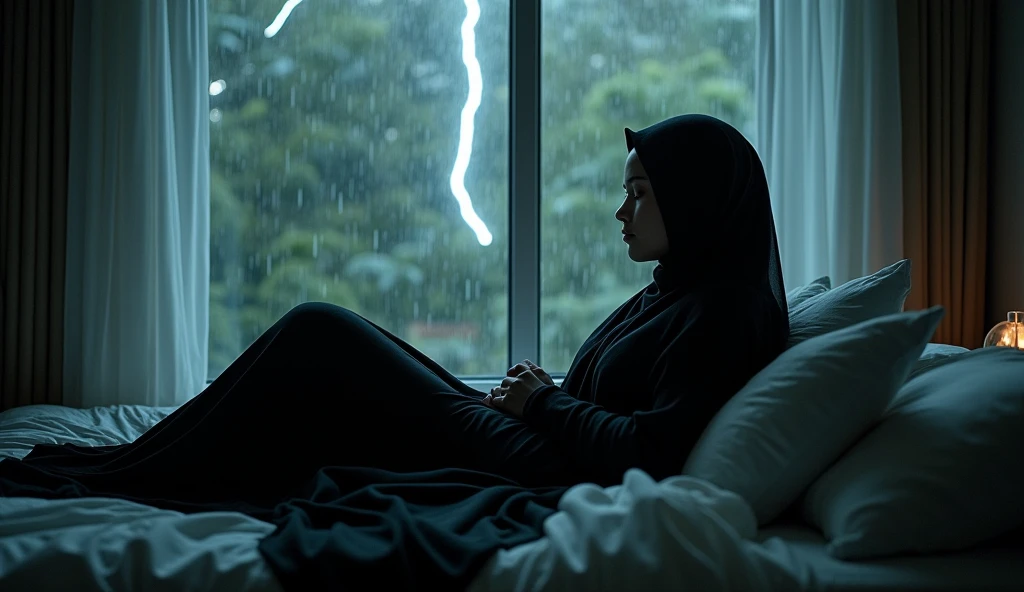 Rain sleep Muslim woman black veil glass window sleeping in a room with lightning rain