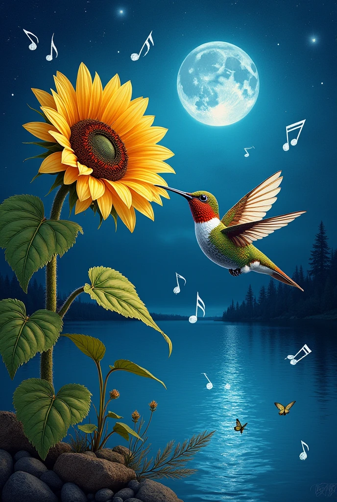 Hummingbird flying near a sunflower with musical notes in its surroundings and a crystal clear lake in the background at night