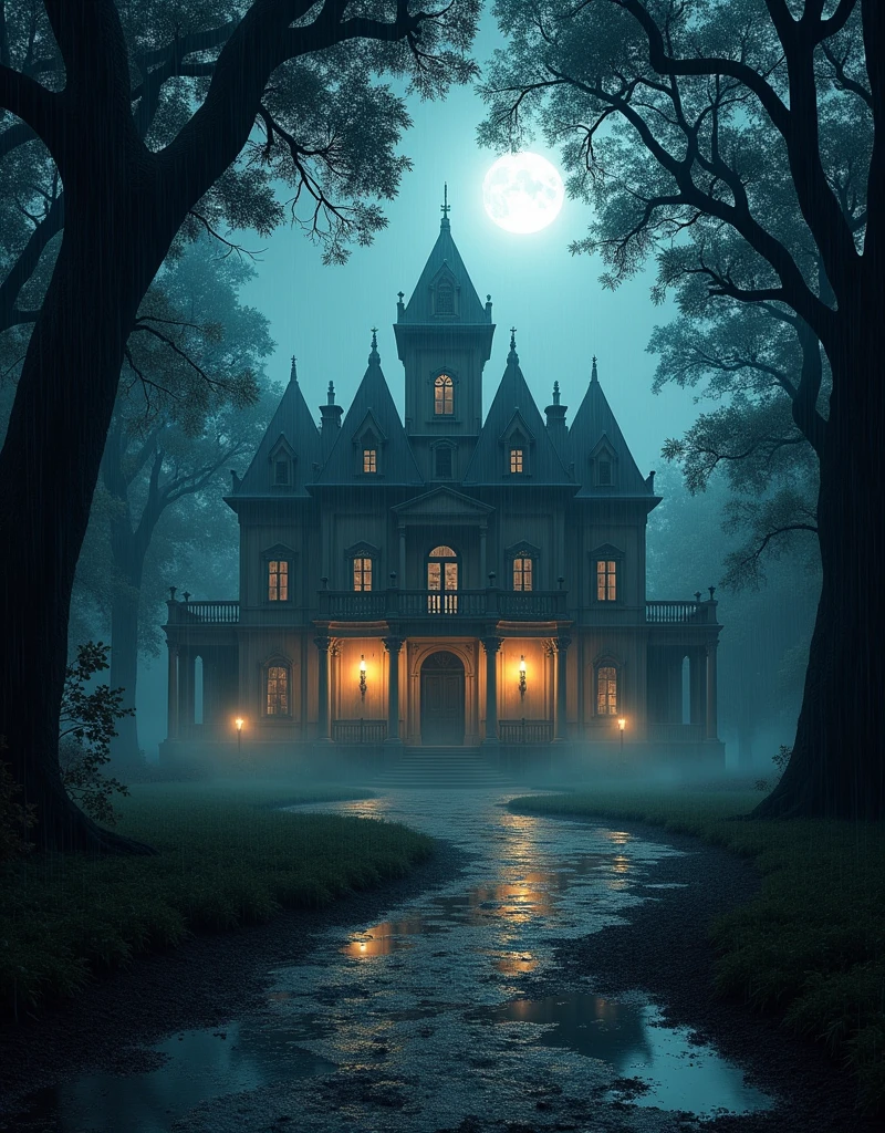 A massive mansion in a forest, it is foggy and night time it has been raining