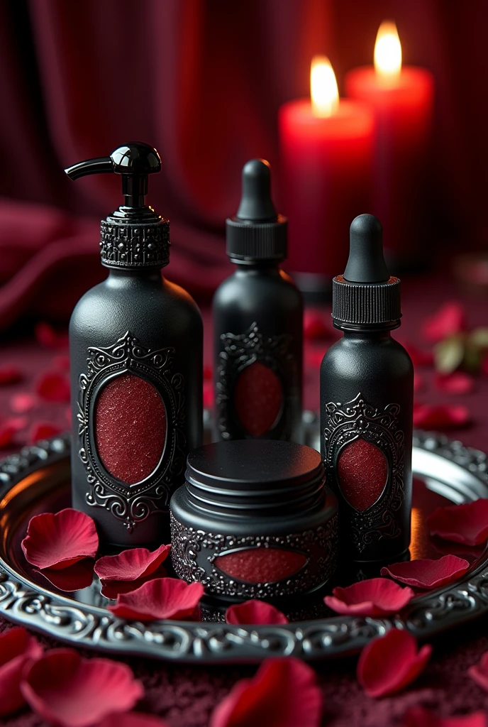 Makeup products with elegant vintage gothic aesthetic packaging with colors: black and dark red