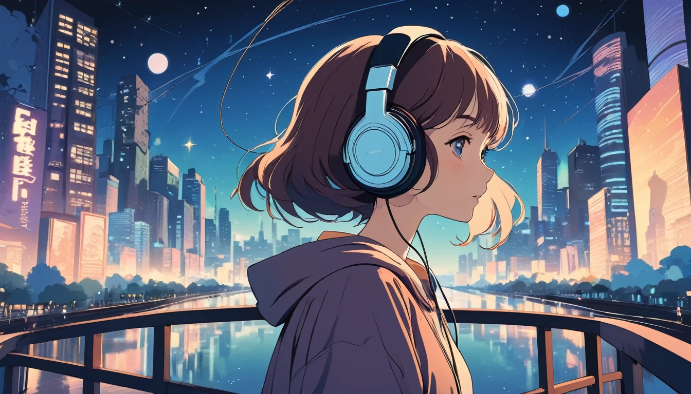 Woman wearing headphones, City of night、Wide-angle lens, Lofi Anime, Lofi illustration, Aesthetic atmosphere, Lo-Fi Style, Vector art, Flat Design, Simple shape, Warm tones, Pleasant atmosphere, Chill, In anime style, Digital drawing, Vector art, Vector logo for t-shirt printing, (Adorable:1.5), (small:1.4), (Playful:1.2), (soft:1.3), (Whimsical:1.1), masterpiece, Highest quality, 8k, Intricate details, grow, Celestial, Mysterious, Picturesque, amazing, Majestic, Magic, Fantasy art, Cover art, dream-like