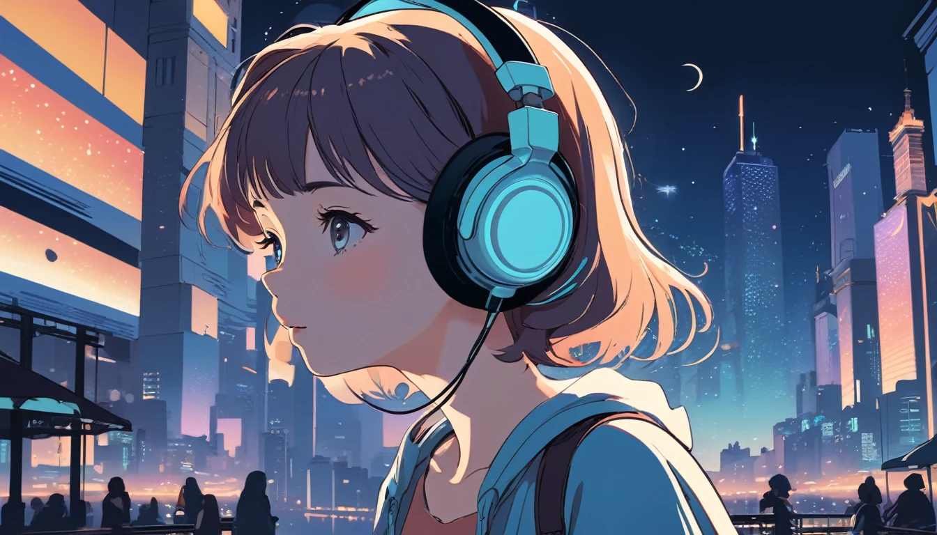 Woman wearing headphones, City of night、Wide-angle lens, Lofi Anime, Lofi illustration, Aesthetic atmosphere, Lo-Fi Style, Vector art, Flat Design, Simple shape, Warm tones, Pleasant atmosphere, Chill, In anime style, Digital drawing, Vector art, Vector logo for t-shirt printing, (Adorable:1.5), (small:1.4), (Playful:1.2), (soft:1.3), (Whimsical:1.1), masterpiece, Highest quality, 8k, Intricate details, grow, Celestial, Mysterious, Picturesque, amazing, Majestic, Magic, Fantasy art, Cover art, dream-like
