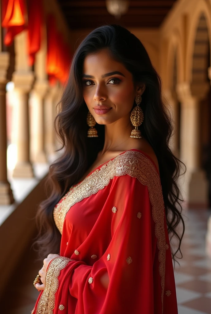 sexy indian woman in red sari posing for a picture