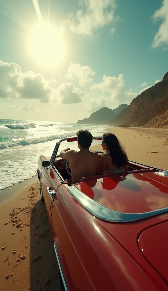 car photography, raw photo, black haired man and woman, convertible, old american, cinematographic, A walk along the coast with views of the sandy beach, Aesthetic, dramatic, dynamic shot, A surprising perspective, random shot,