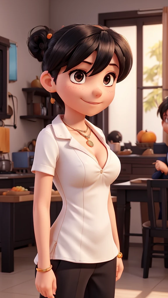 girl and boy together, jewelry, breasts, necklace, dress, black_hair, hetero, pants, smile, cleavage, black_dress, indoors, looking_at_another, shirt, hairband, single_hair_bun, food, hair_bun, husband_and_wife, short_hair, white_shirt, pantyhose, artist_name, medium_breasts, watch, black_eyes, open_clothes, orange_(fruit), bracelet