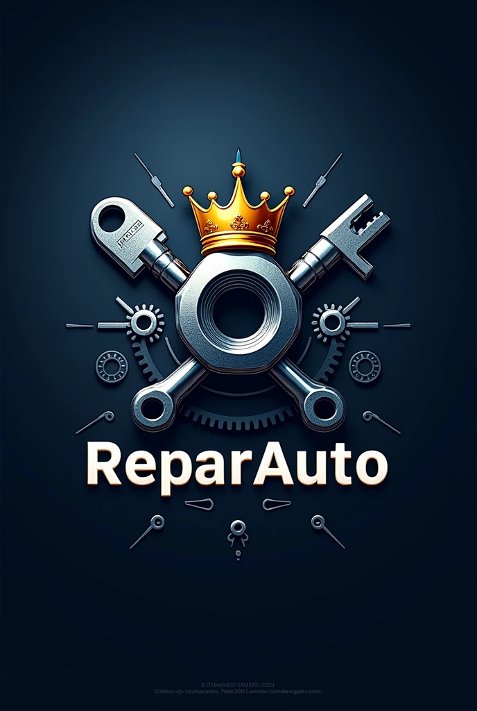 Make an automotive workshop logo with a nut with a crown on top, two keys in the center and it says ReparAuto