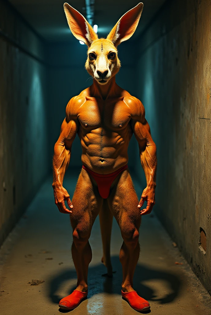 A kangaroo man with a make-up face and a humped nose and an open cut hairstyle with small lips and low eyebrows and brown eyes, who has a very muscular body and has a scar like thunder on his right eye And he has muscular legs and is wearing salmon shoes and is standing in an underground bunker