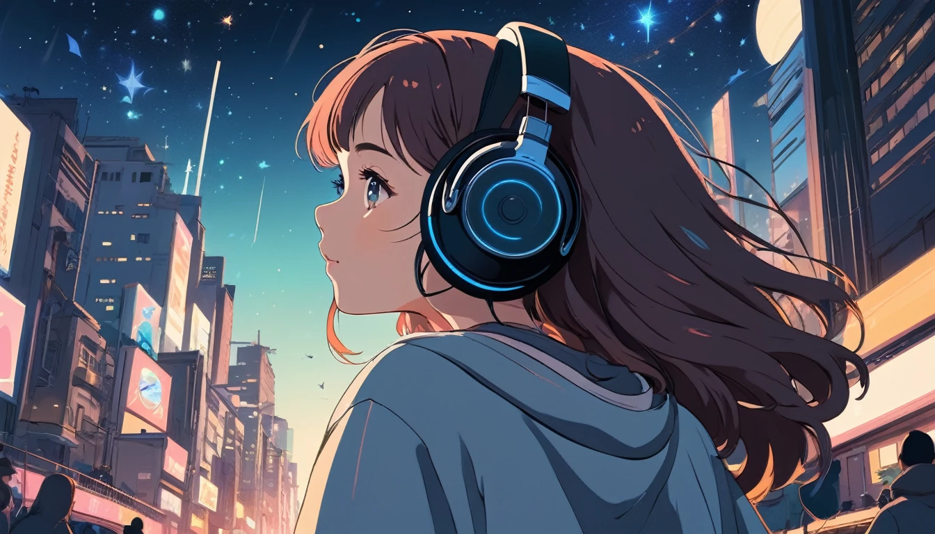 Woman wearing headphones, City of night、Wide-angle lens, Lofi Anime, Lofi illustration, Aesthetic atmosphere, Lo-Fi Style, Vector art, Flat Design, Simple shape, Warm tones, Pleasant atmosphere, Chill, In anime style, Digital drawing, Vector art, Vector logo for t-shirt printing, (Adorable:1.5), (small:1.4), (Playful:1.2), (soft:1.3), (Whimsical:1.1), masterpiece, Highest quality, 8k, Intricate details, grow, Celestial, Mysterious, Picturesque, amazing, Majestic, Magic, Fantasy art, Cover art, dream-like