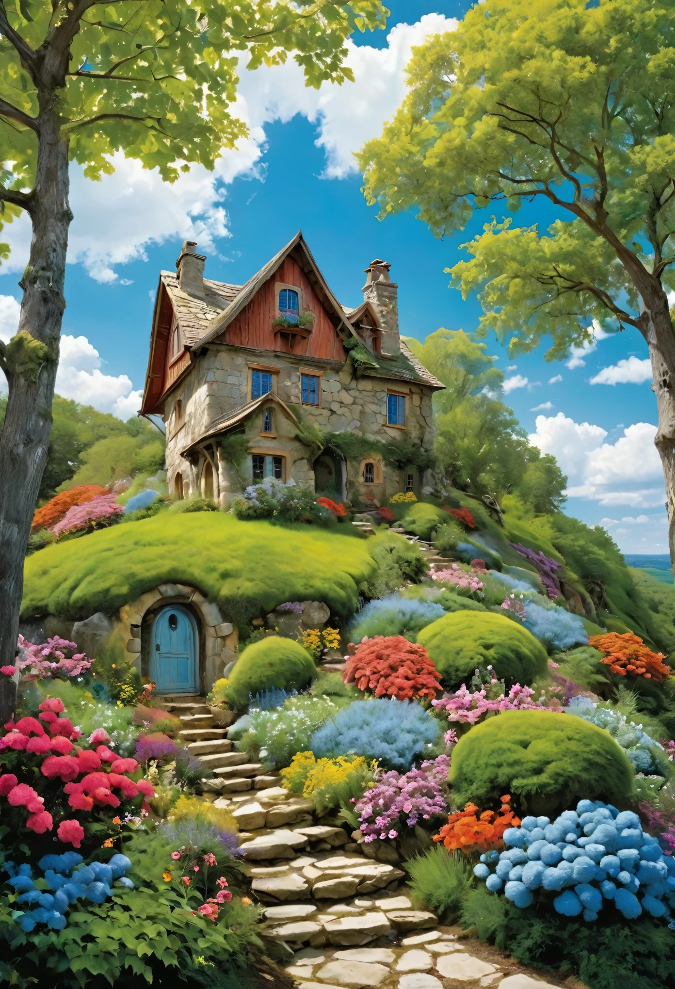 Vibrant, detailed digital painting of a whimsical, multi-story house perched on a rocky cliff. The house features a mix of wooden and stone elements, with steep, red-tiled roofs and multiple chimneys. The structure is surrounded by lush greenery, including trees, bushes, and colorful flowers, creating a lively and enchanting atmosphere. The sky is filled with fluffy, white clouds against a bright blue backdrop, adding to the overall cheerful and magical feel of the scene. The painting is rich in color and texture, with intricate details that bring the fantasy setting to life.