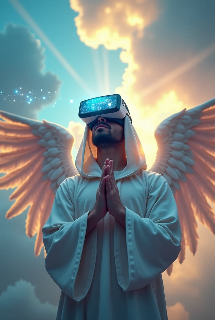 Guardian angel man prays in virtual reality glasses, in a hood