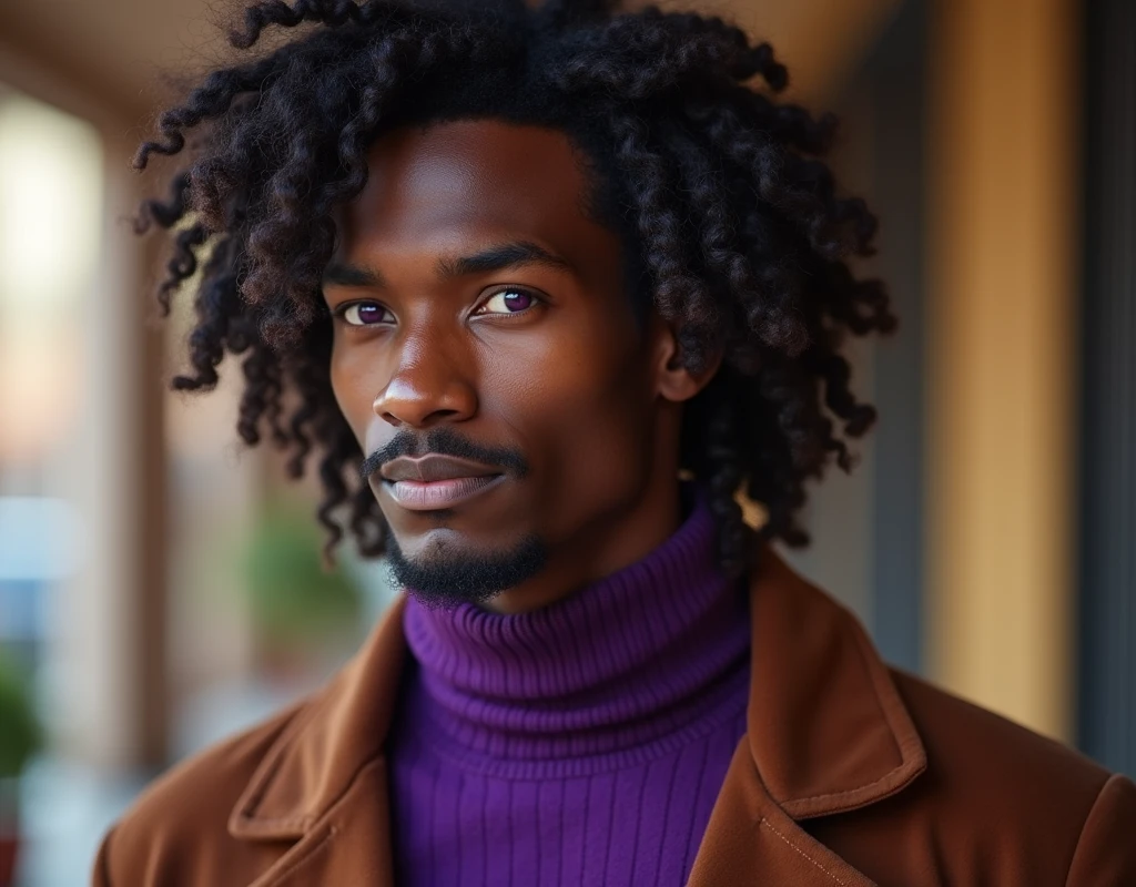 headshot of a very tall French-Nubian featured male model, wavy hair parted to the side hair, toned body, ebony skin, vibrant purple eyes, tall thin toned body. Kind expression. Wearing brown and purple clothes.