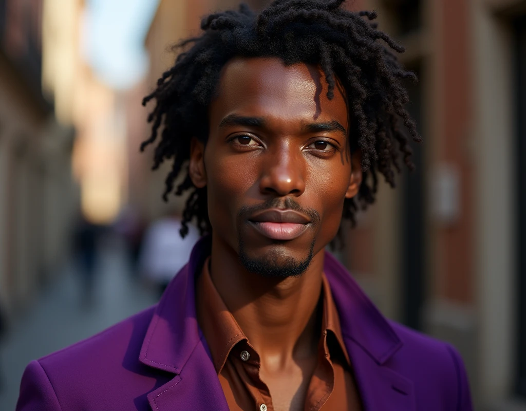 headshot of a very tall French-Nubian featured male model, wavy hair parted to the side hair, toned body, ebony skin, vibrant purple eyes, tall thin toned body. Kind expression. Wearing brown and purple clothes.