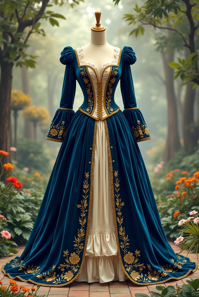 I want you to create a sketch of a medieval dress with an Alice in Wonderland theme that is simple, velvet with a gold corset with details and whites