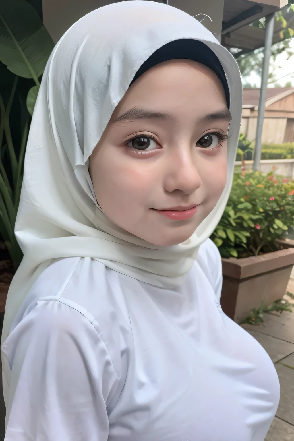 Any Hijab Stylish, adorable, 1 girl, (face to face), 10 years old, ((baby face)), happy, half body portrait, (face details: 1), (eye details: 1), ((huge breasts)). wearing transparent transparency soft long shirt, hijab .. Cute posed. proportional body. Ultra High Res. realistic: 1.4, UHD, (floral pattern), view from side seductive pose 