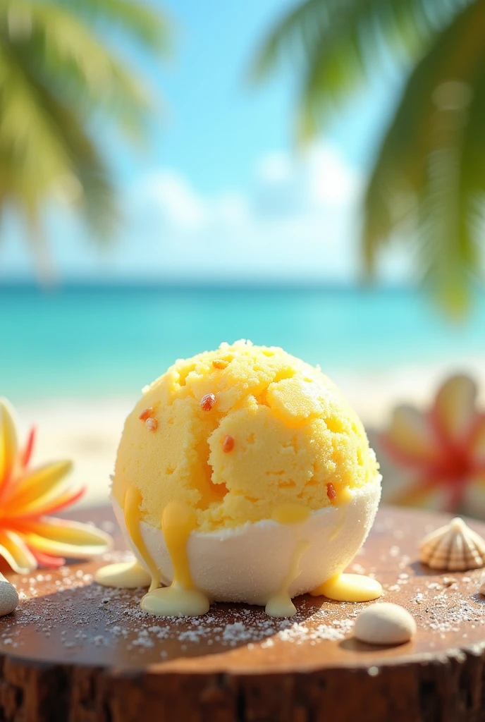generates a circular-shaped natural fruit ice cream ball, Coconut and pineapple flavor, that is of two colors white and yellow mix them a little