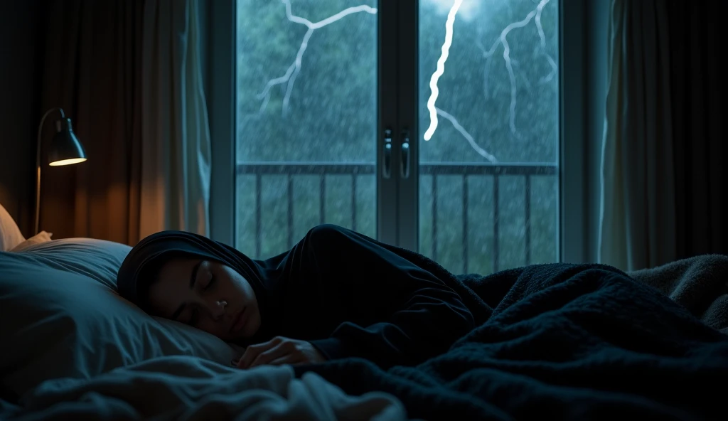 Rain sleep Muslim woman black veil glass window sleeping in a room with lightning rain