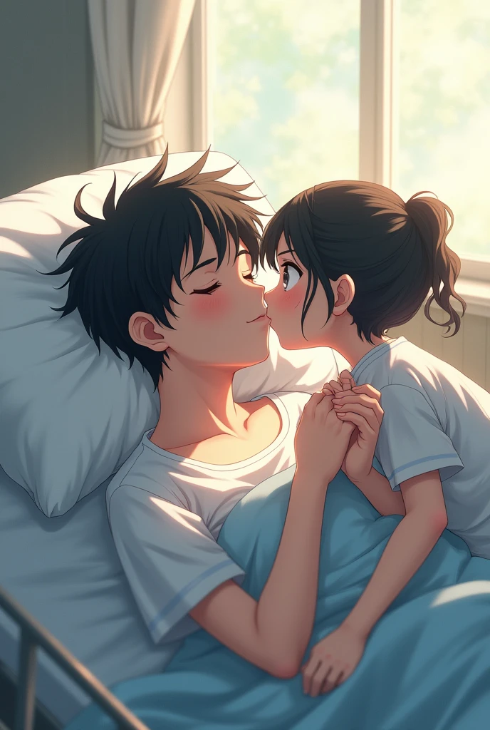 A 24 year old anime boy in the hospital in a coma and his mother is by his side and gave him a kiss on the mouth