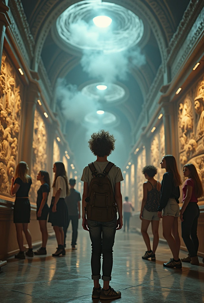  A subrealistic image of a teenager with brown hair who is in the museum of myths with 7 young people  