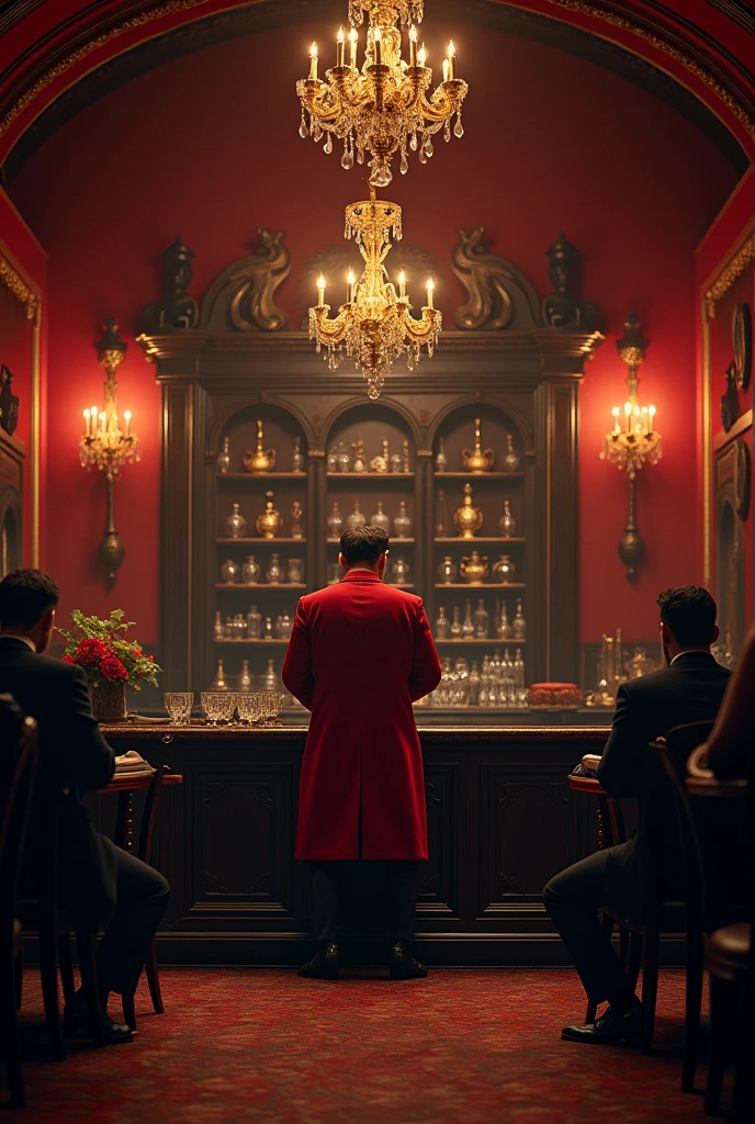 A large rustic bar with antique details in red and black tones, the counter located in the middle, a mysterious man wearing a red overcoat behind the counter rubbing a glass with a cloth, a large sideboard behind the very old 18th century man. 3 imperial chandeliers, in the center on the left and right. two tables, left and right with 3 people on each. A stage with a microphone from the 1920s and a singer to the right of the balcony.
