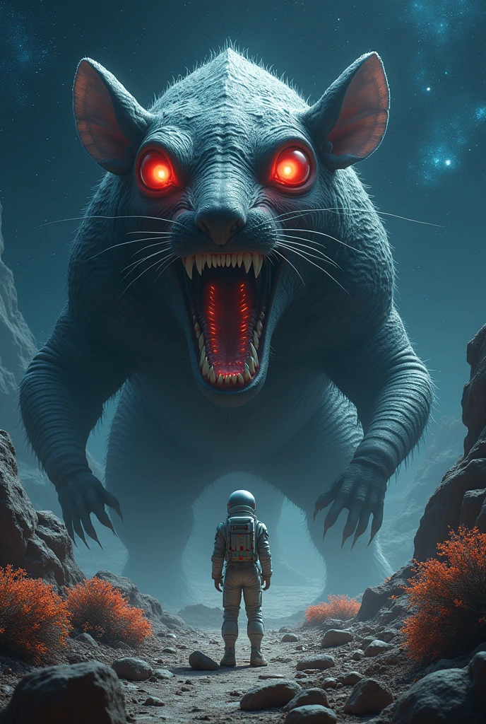 A shocked astronaut and a fierce ferocious menacing giant Alien Rat, realistic style, photorealistic