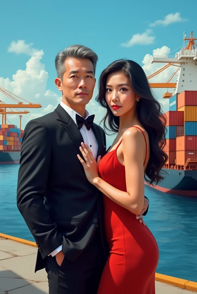 Make a cover for a book, where the background is a port of containers and ships. featured a couple, a 30 year old muscular white Brazilian man, Cao Cao, rounded eyes, slightly gray and in a well-groomed black suit, very elegant and very handsome, sensual, the white brazilian woman, black hair slightly wavy at the ends, almond eyes and sensual red dress, small ceios. Both look at the front of the screen. I do not want men and women with any oriental traits in their physical characteristics.