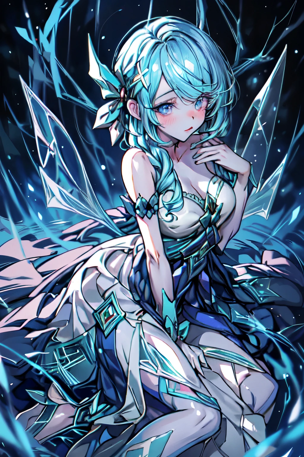 gorgeous anime fairy, in a dark forest, gwen from league of legends, gorgeous blue and white sensual gala dress, sensual pose