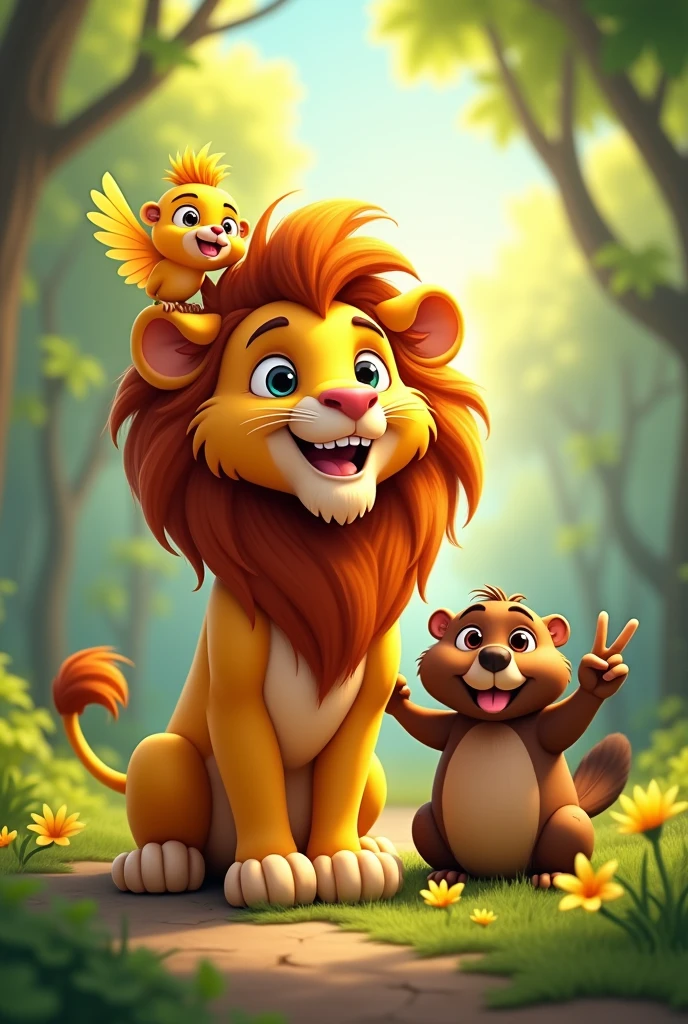 Lion, miskin, yellow bird and beaver selfie
